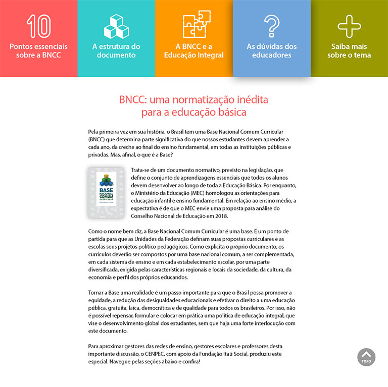 Itaú-Unicef Educação & Participação. Infográfico interativo sobre a Base Nacional Comum Curricular (BNCC). Via Cenpec